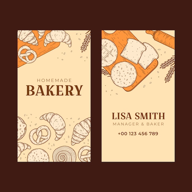 Hand drawn engraving bakery vertical business card