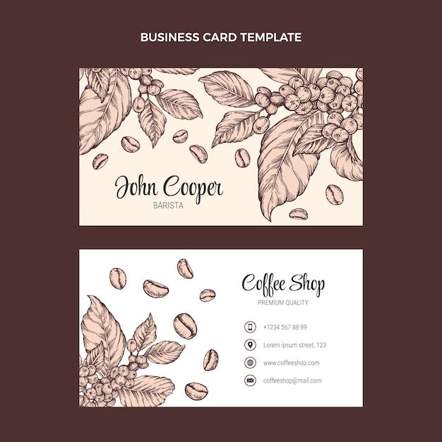 Hand drawn engraving horizontal business card template for coffee shop