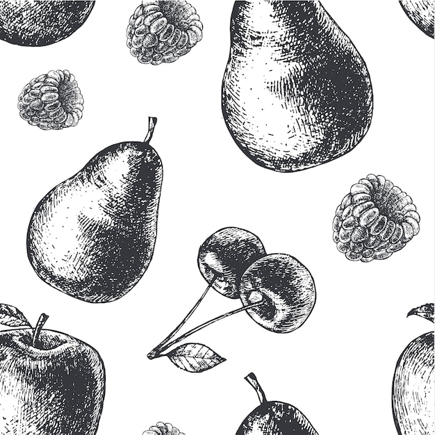  hand drawn engraving style black and white seamless fruit pattern. Pear, apple, cherries, raspberry fabric, paper, background.