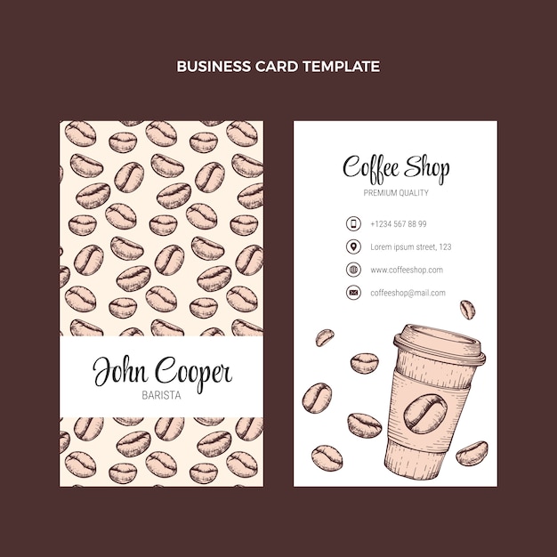 Hand drawn engraving vertical business card template for coffee shop