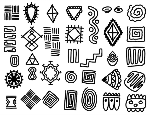 Hand drawn ethnic tribal elements set in colorful style Abstract african art shapes collection tribal doodle decoration set Random ethnic shapes animal print texture and traditional hand drawn