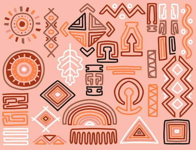 Hand drawn ethnic tribal elements set in colorful style Abstract african art shapes collection tribal doodle decoration set Random ethnic shapes animal print texture and traditional hand drawn