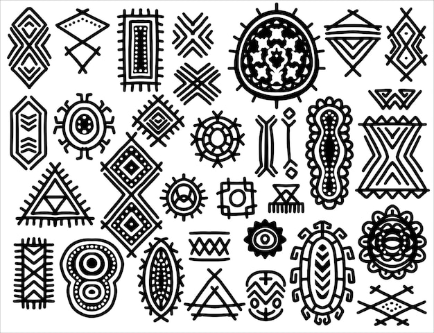 Hand drawn ethnic tribal elements set in colorful style Abstract african art shapes collection tribal doodle decoration set Random ethnic shapes animal print texture and traditional hand drawn