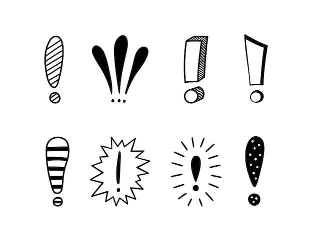 Vector hand drawn exclamation marks set. hazard warning hand draw symbol. attention doodle icons. exclamations marks icons. vector illustration isolated in doodle style on white background