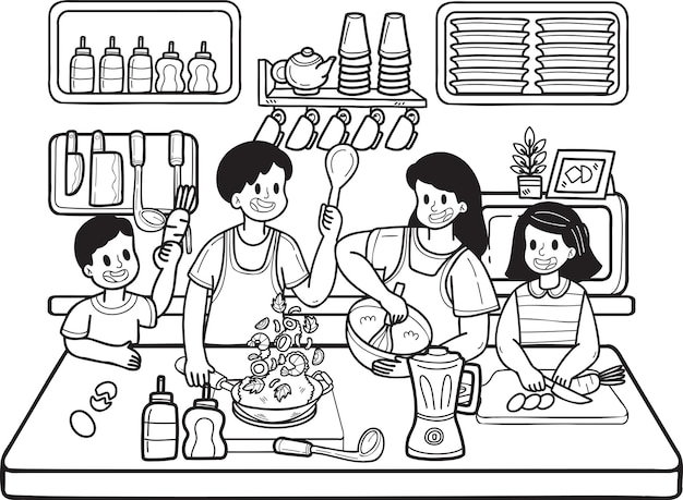 Hand Drawn Family cooking together in the kitchen illustration in doodle style