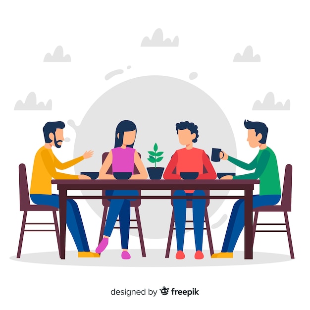 Hand drawn family sitting around table illustration