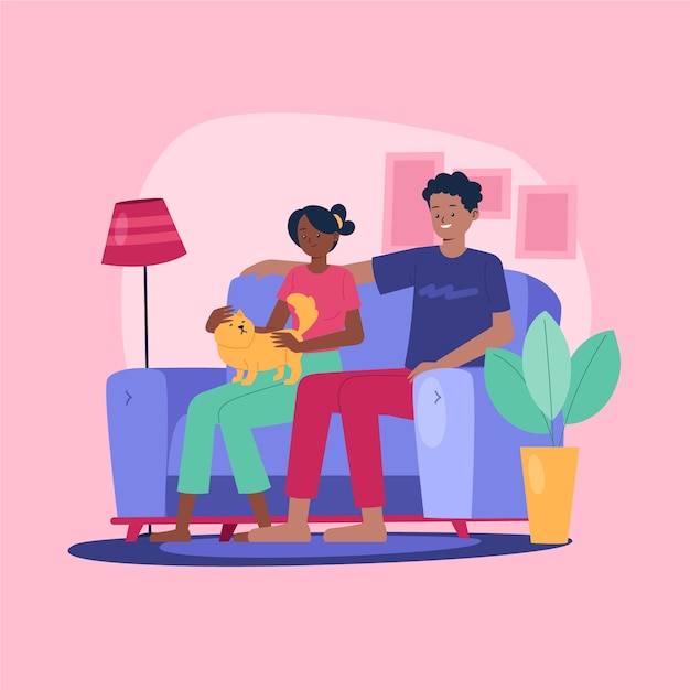 Hand drawn family with pets illustration