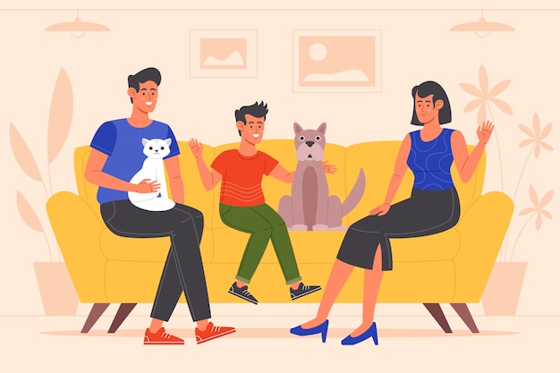 Hand drawn family with pets  illustration