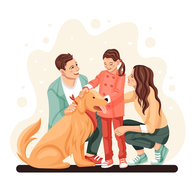 Hand drawn family with pets  illustration