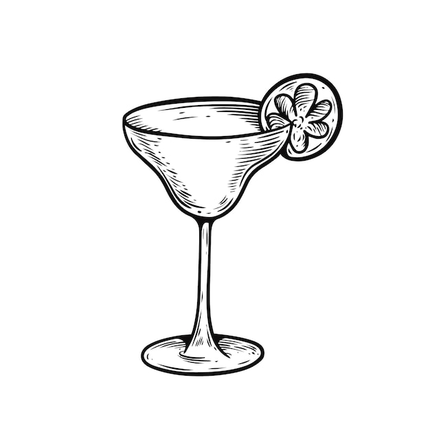 Hand drawn famous daiquiri alcohol cocktail black color outline sketch style.