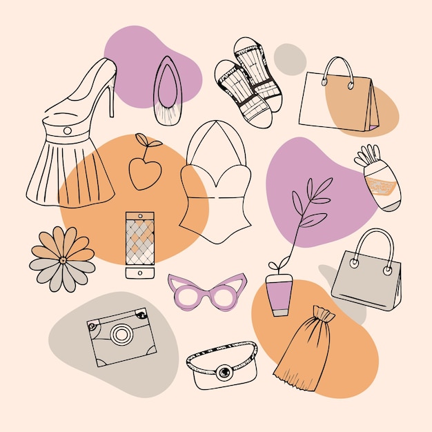 Vector hand drawn fashion illustrations of shoes dresses bags and accessories on abstract shapes in pastel colors