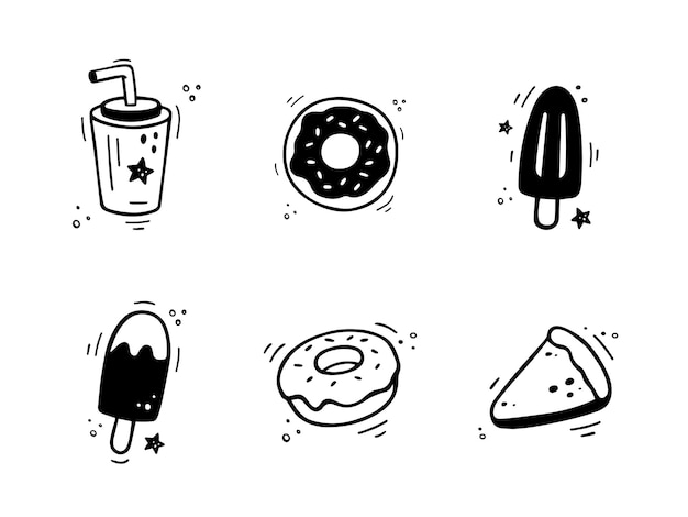 Hand drawn fast food desserts icons Sketch of snack elements Fast food illustration collection in doodle style