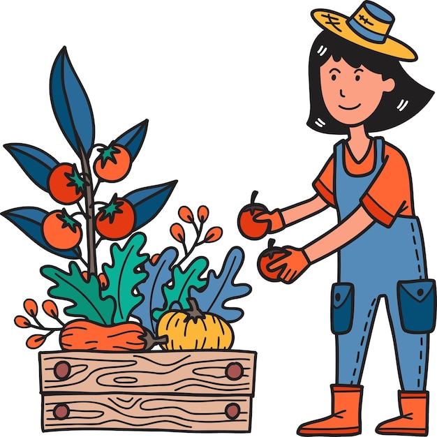 Hand Drawn female farmer picking fruits and vegetables illustration