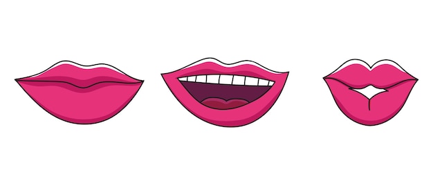 Vector hand drawn female lips with red lipstick smiling and kissing vector illustration