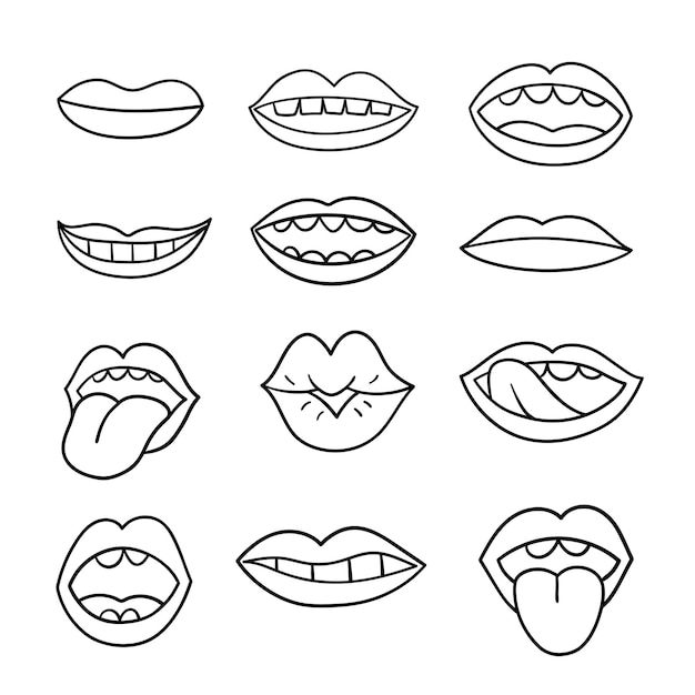 Hand drawn female mouths and lips. Doodle sketch. Isolated linear vector illustration.