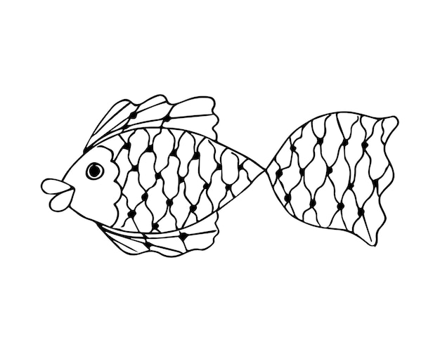 Hand drawn fish in doodle or sketch style single element in black and white color