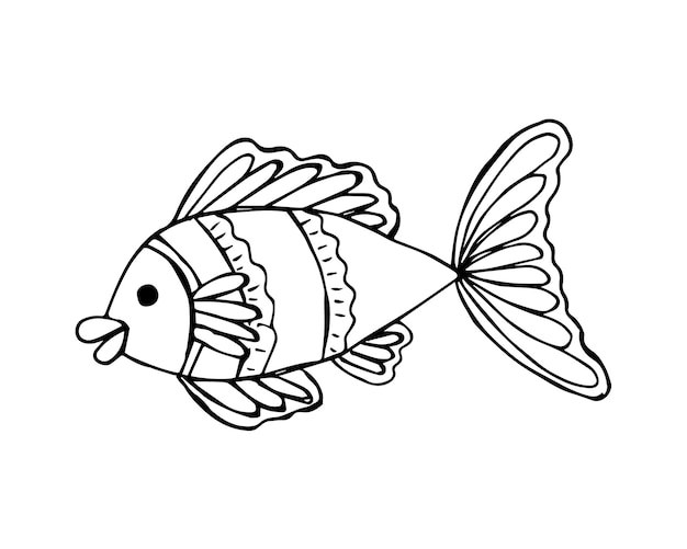 Hand drawn fish in doodle or sketch style single element in black and white color