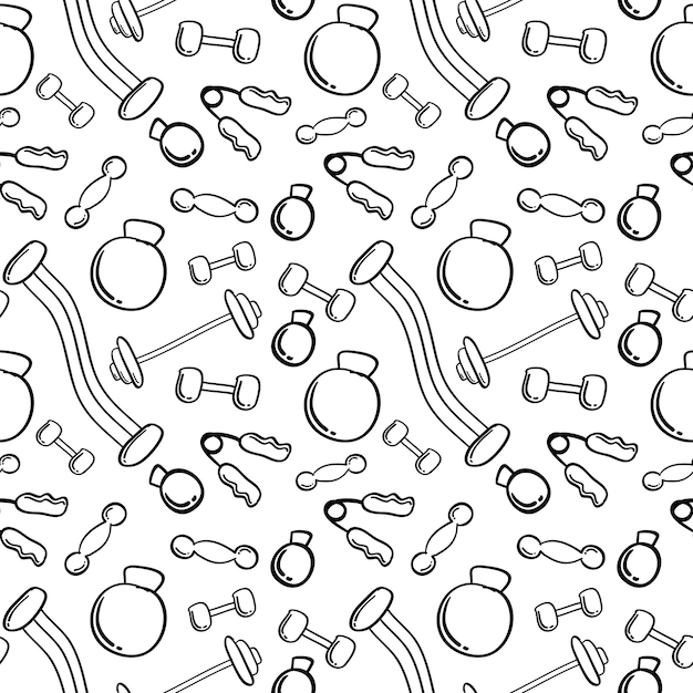 hand drawn fitness equipment seamless pattern