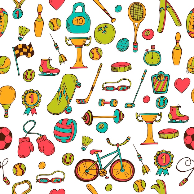 Hand drawn fitness sport seamless pattern Doodle icons in sketch style