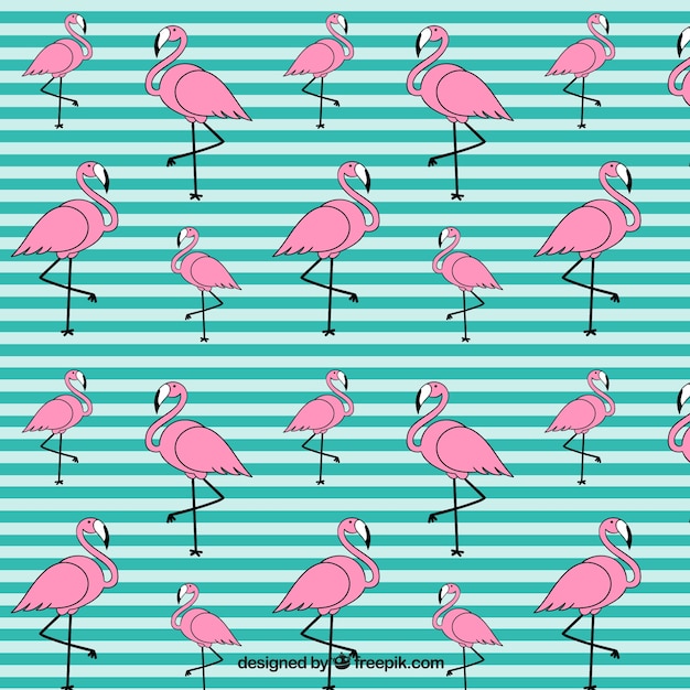 Hand drawn flamingo pattern with stripes