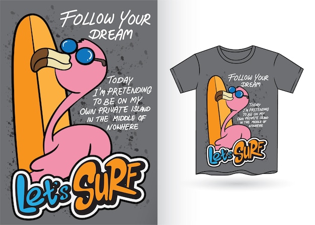 Hand drawn flamingo surfer illustration for kids t shirt