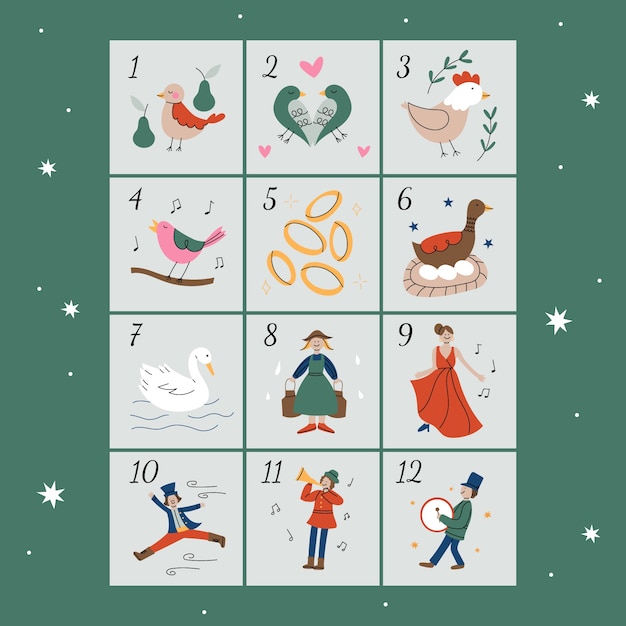 Hand drawn flat 12 days of christmas illustration