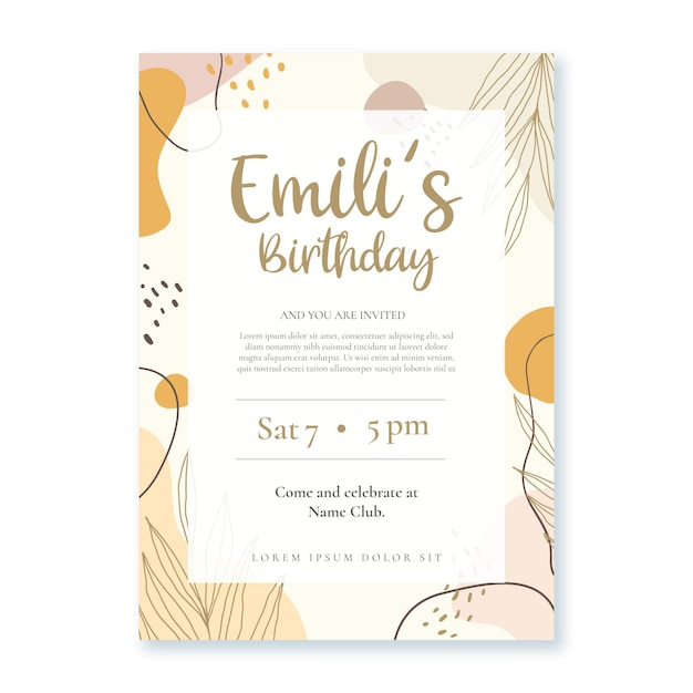 Hand drawn flat abstract shapes birthday invitation template