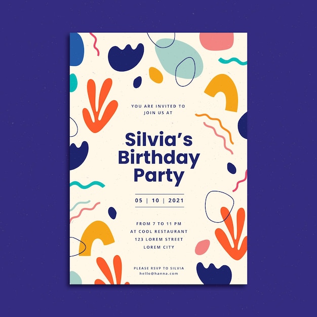 Vector hand drawn flat abstract shapes birthday invitation template