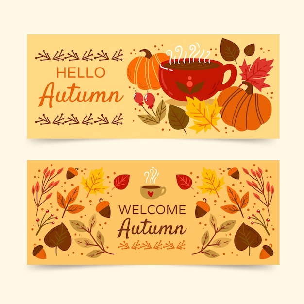 Hand drawn flat autumn horizontal banners set