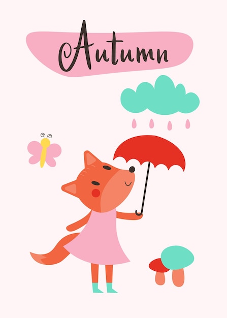 Hand drawn flat autumn illustration with fox and rain Autumn phrases with cute and cozy design elements decorative bundle Vector EPS 10