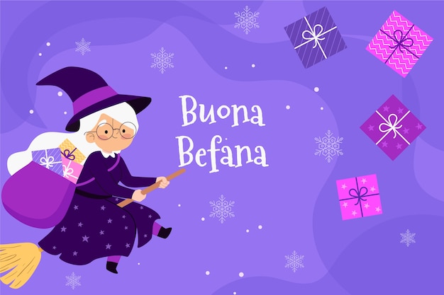 Hand drawn flat befana background