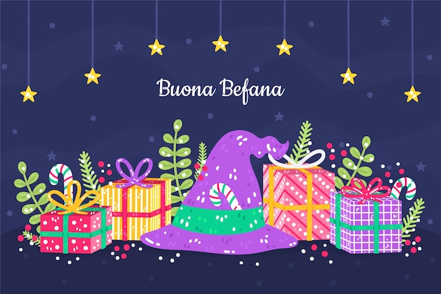 Hand drawn flat befana background