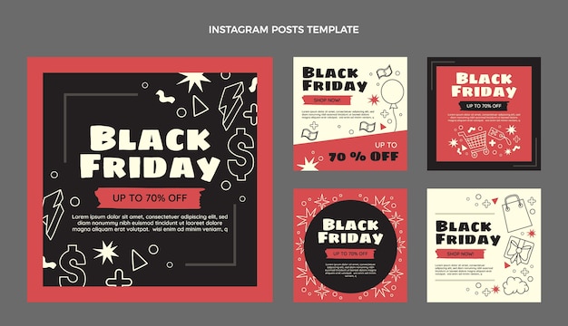 Hand drawn flat black friday instagram posts collection