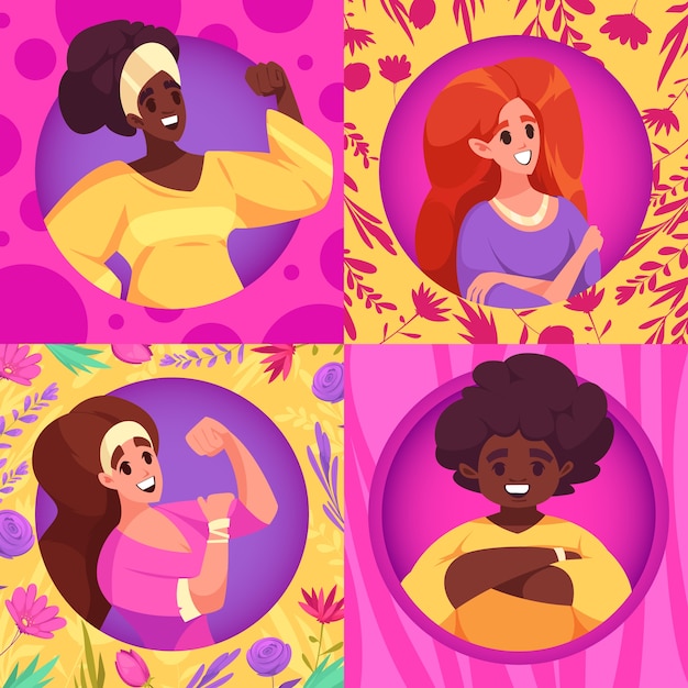 Hand drawn flat cartoon international women day illustration with female characters and flowers