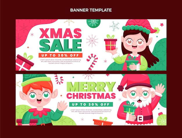 Hand drawn flat christmas horizontal banners set