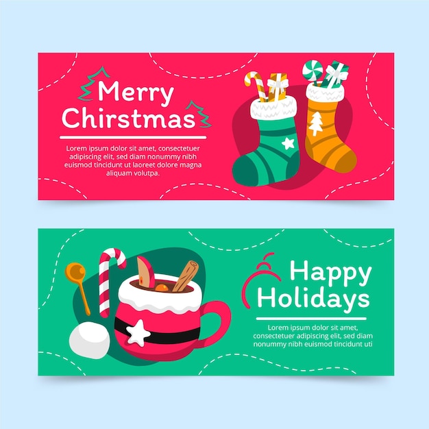 Hand drawn flat christmas horizontal banners set