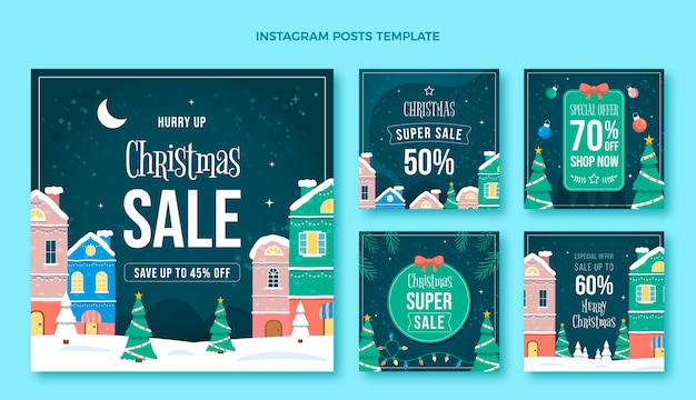 Hand drawn flat christmas instagram posts collection