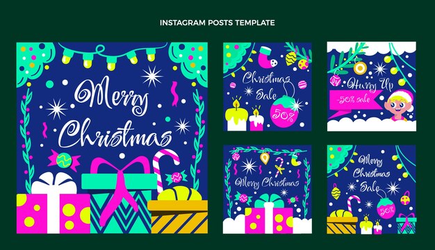 Vector hand drawn flat christmas instagram posts collection