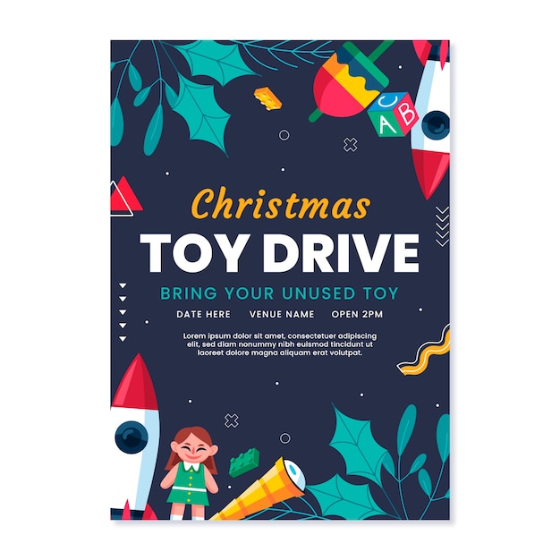 Hand drawn flat christmas toy drive vertical poster template