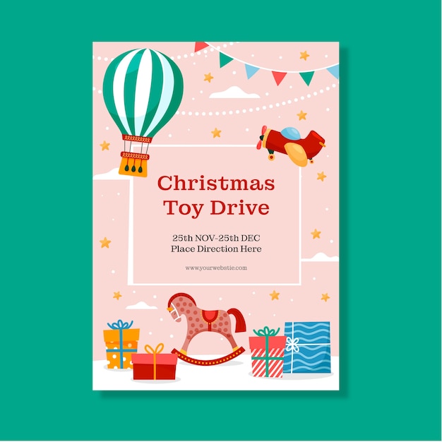 Hand drawn flat christmas toy drive vertical poster template