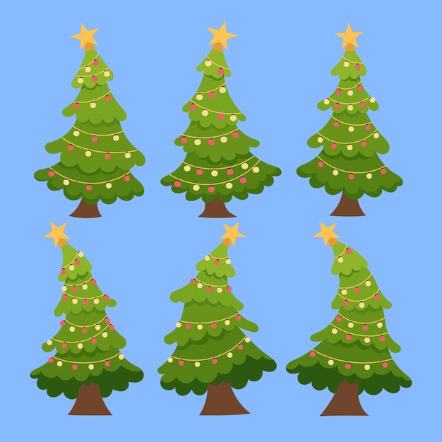 Hand drawn flat christmas trees collection