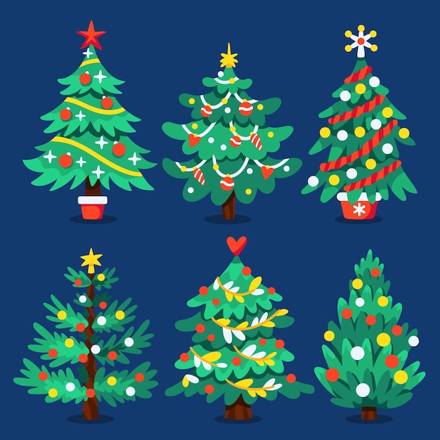 Hand drawn flat christmas trees collection