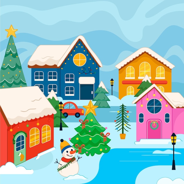 Hand drawn flat christmas village illustration