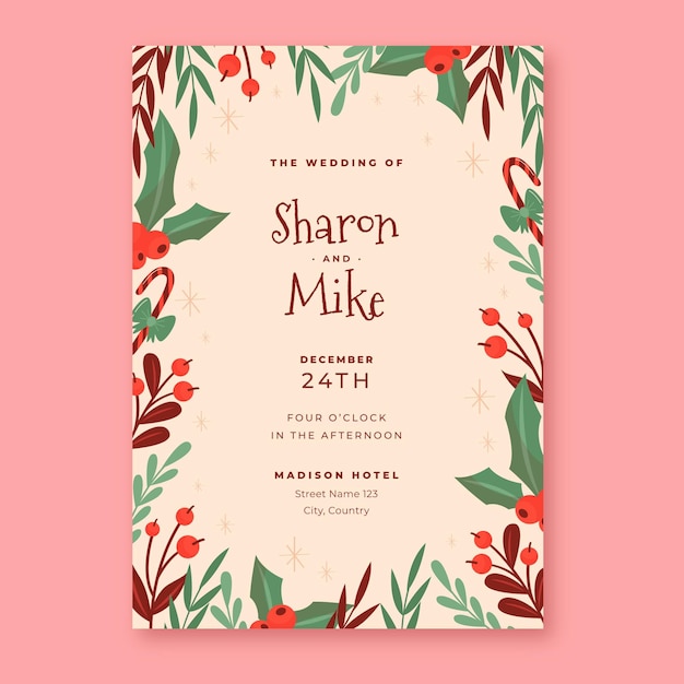 Hand drawn flat christmas wedding invitation template