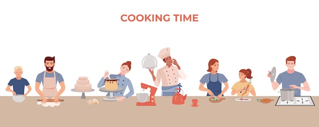 Hand drawn flat cooking and bakery background with characters cooking