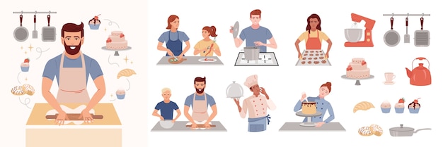 Hand drawn flat cooking and bakery icons with illustration set collection