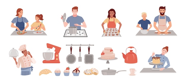 Hand drawn flat cooking and bakery mini illustration set collection