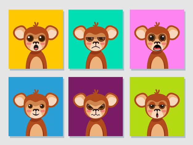 Hand drawn flat cute monkey cartoon expression collection