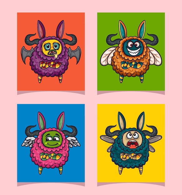 Hand drawn flat cute monster cartoon expression collection