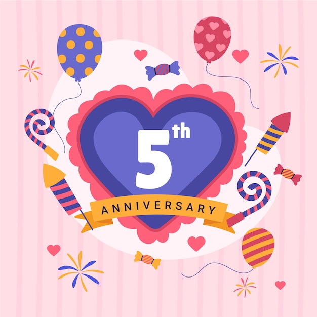 Vector hand drawn flat design 5 years anniversary or birthday design